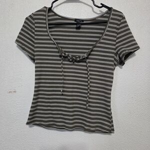 Rue21 Olive and White Striped Tie-Front Tee